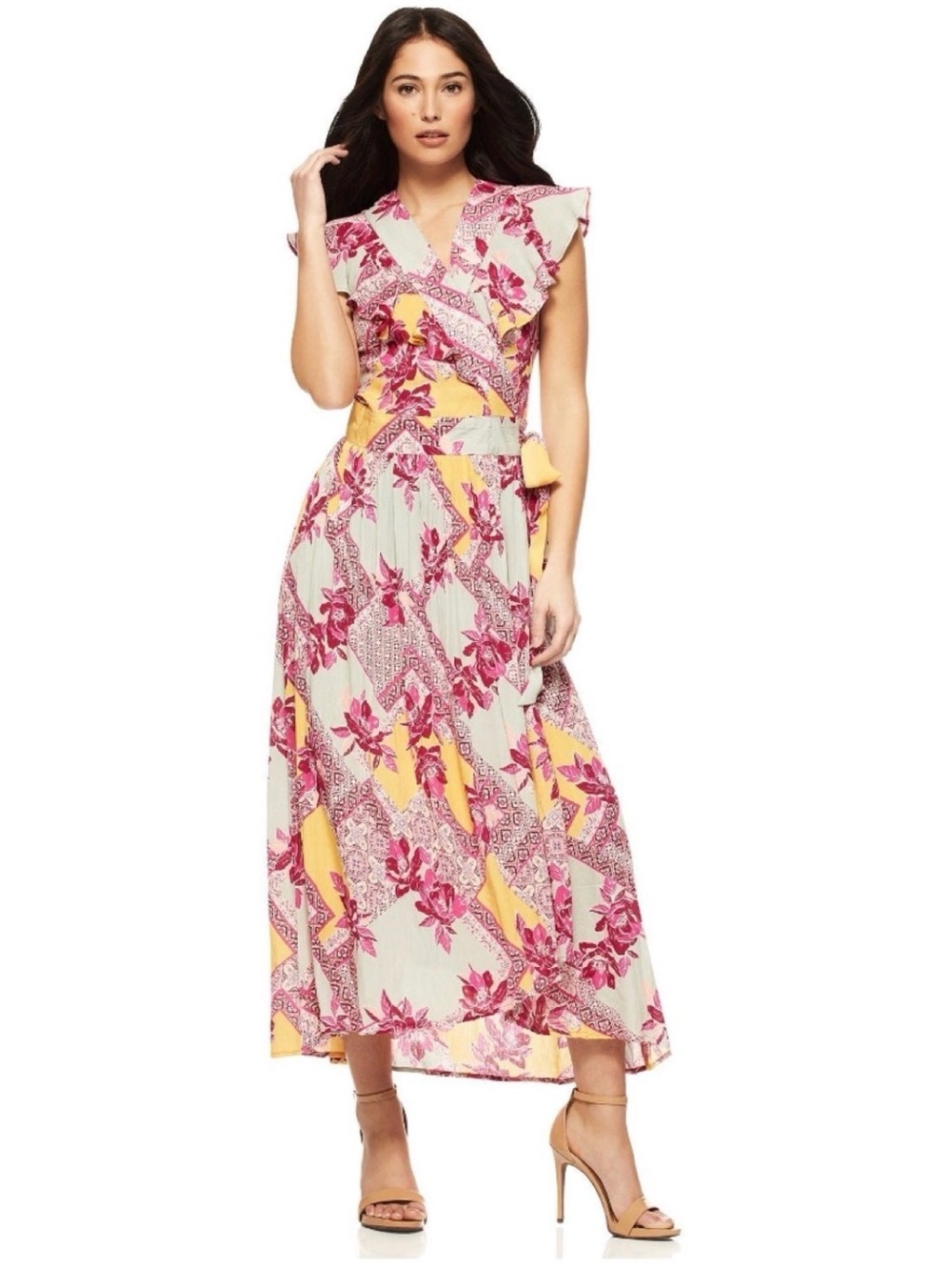 sofia by sofia vergara Pink and Yellow Floral Wrap Maxi Dress